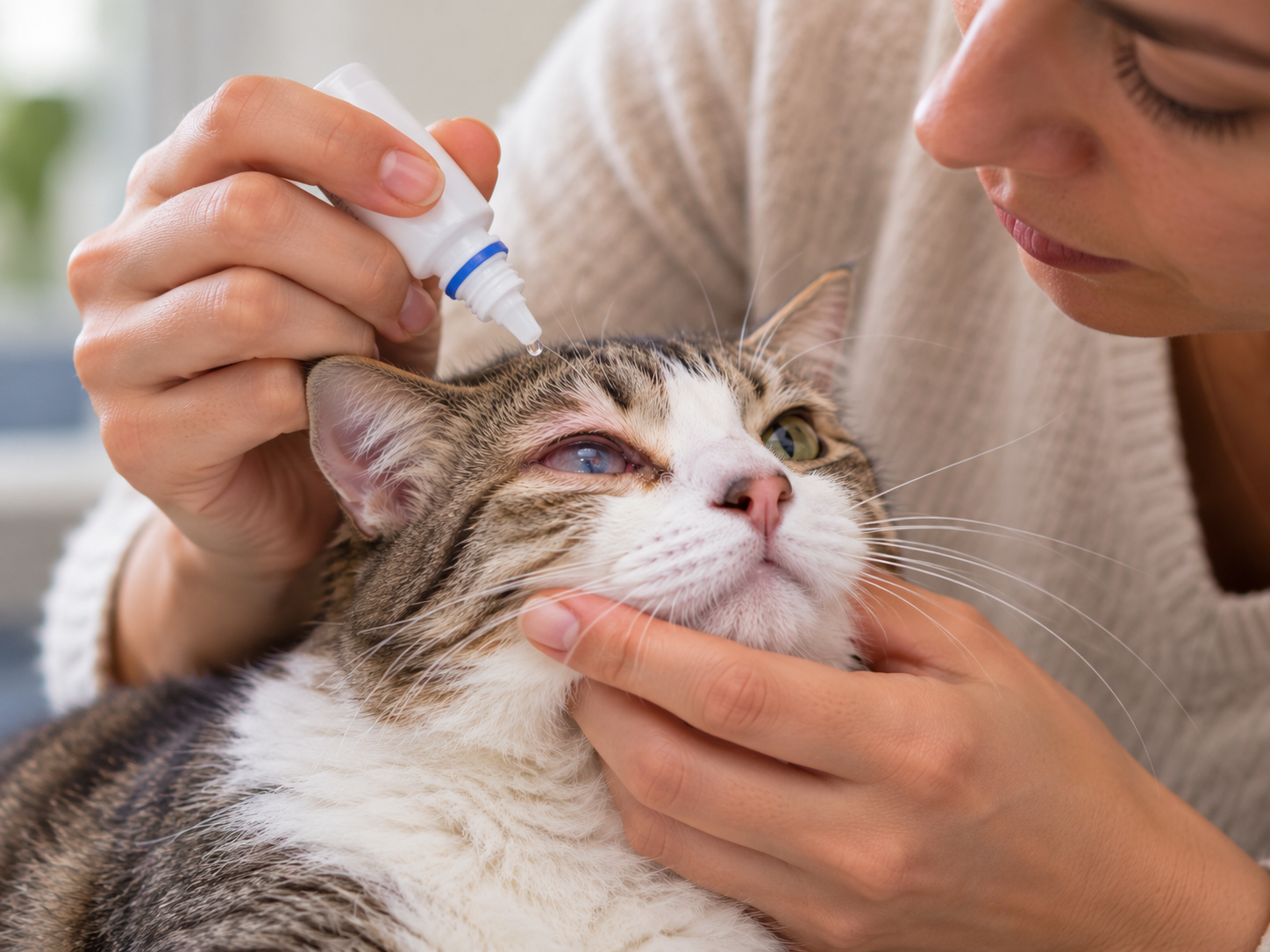 Mulher aplica colírio no olho de um gato com opacidade corneana, segurando delicadamente sua cabeça durante os cuidados relacionados ao tratamento ocular