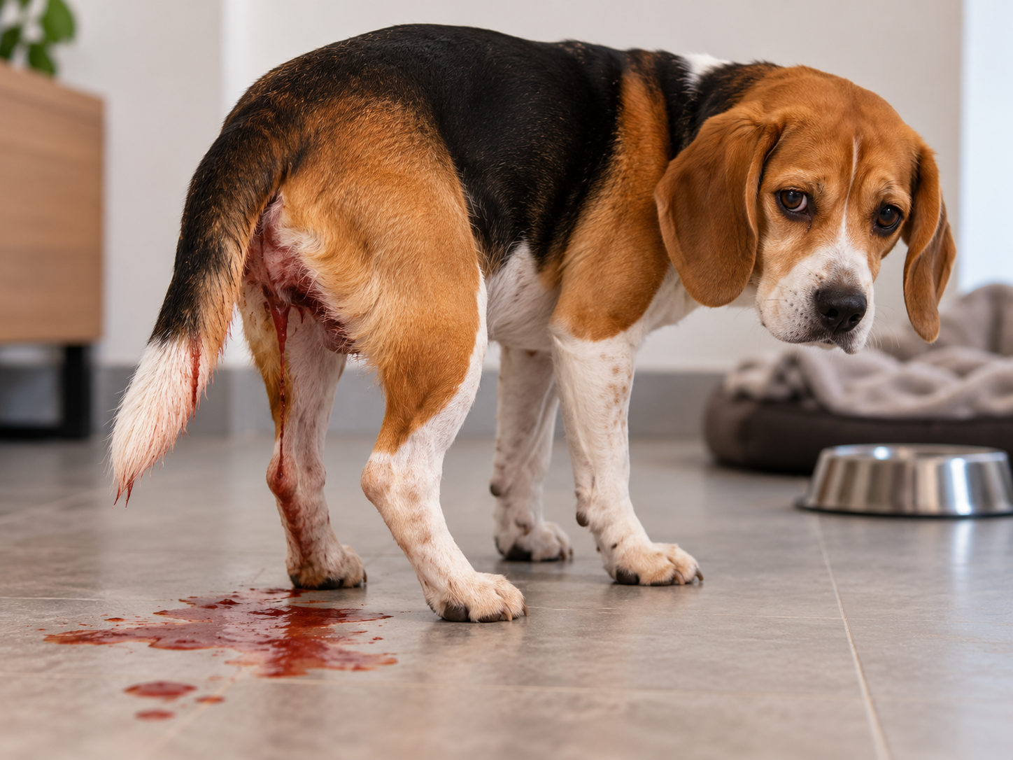 Cachorro com diarreia sanguinolenta e desconforto intestinal Cachorro da raça Beagle em pé, com sangue na região traseira e no chão, representando um quadro de diarreia hemorrágica que exige avaliação veterinária
