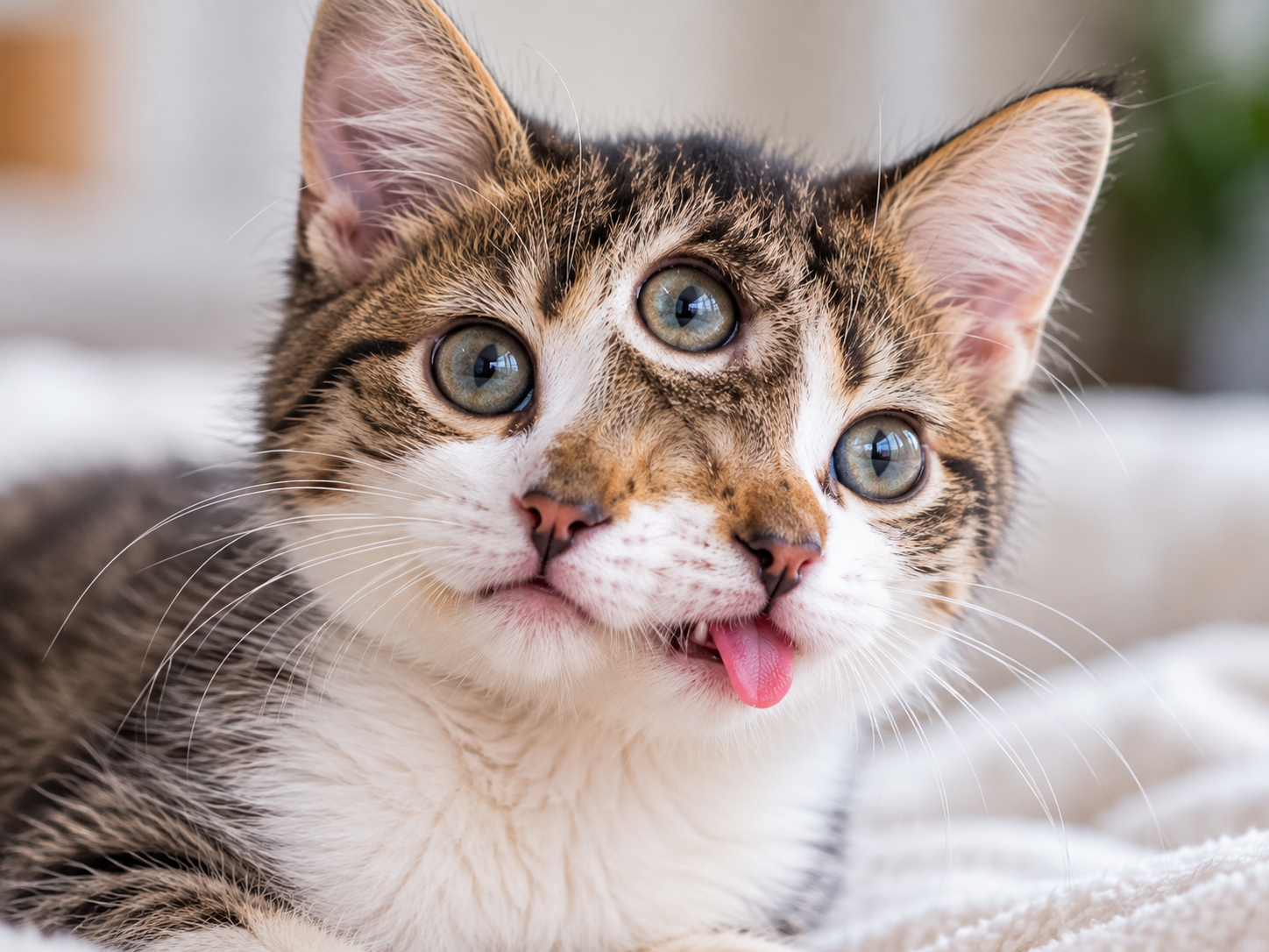 Gato Janus com três olhos e dois focinhos Gato com dois rostos parcialmente duplicados, três olhos visíveis, dois focinhos e alteração na formação da boca associada à diprosopia felina
