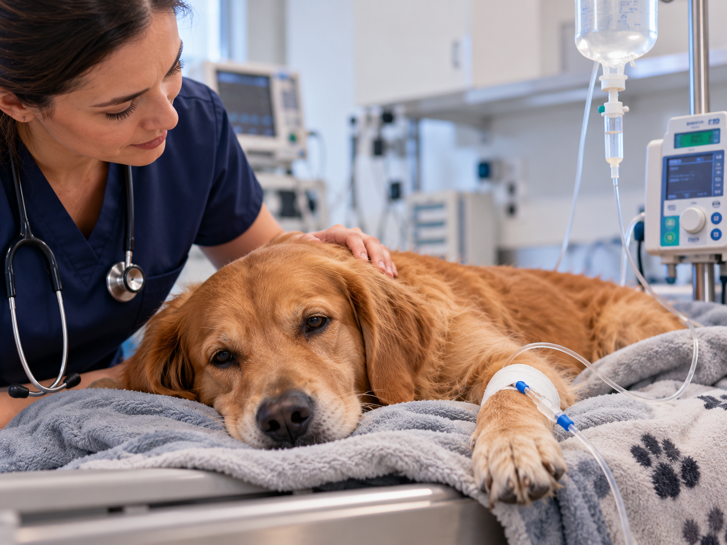 Cachorro com virose recebendo fluidoterapia intravenosa Cachorro Golden Retriever deitado em ambiente veterinário, recebendo fluidoterapia intravenosa pela pata dianteira, enquanto uma profissional acompanha o tratamento e oferece conforto