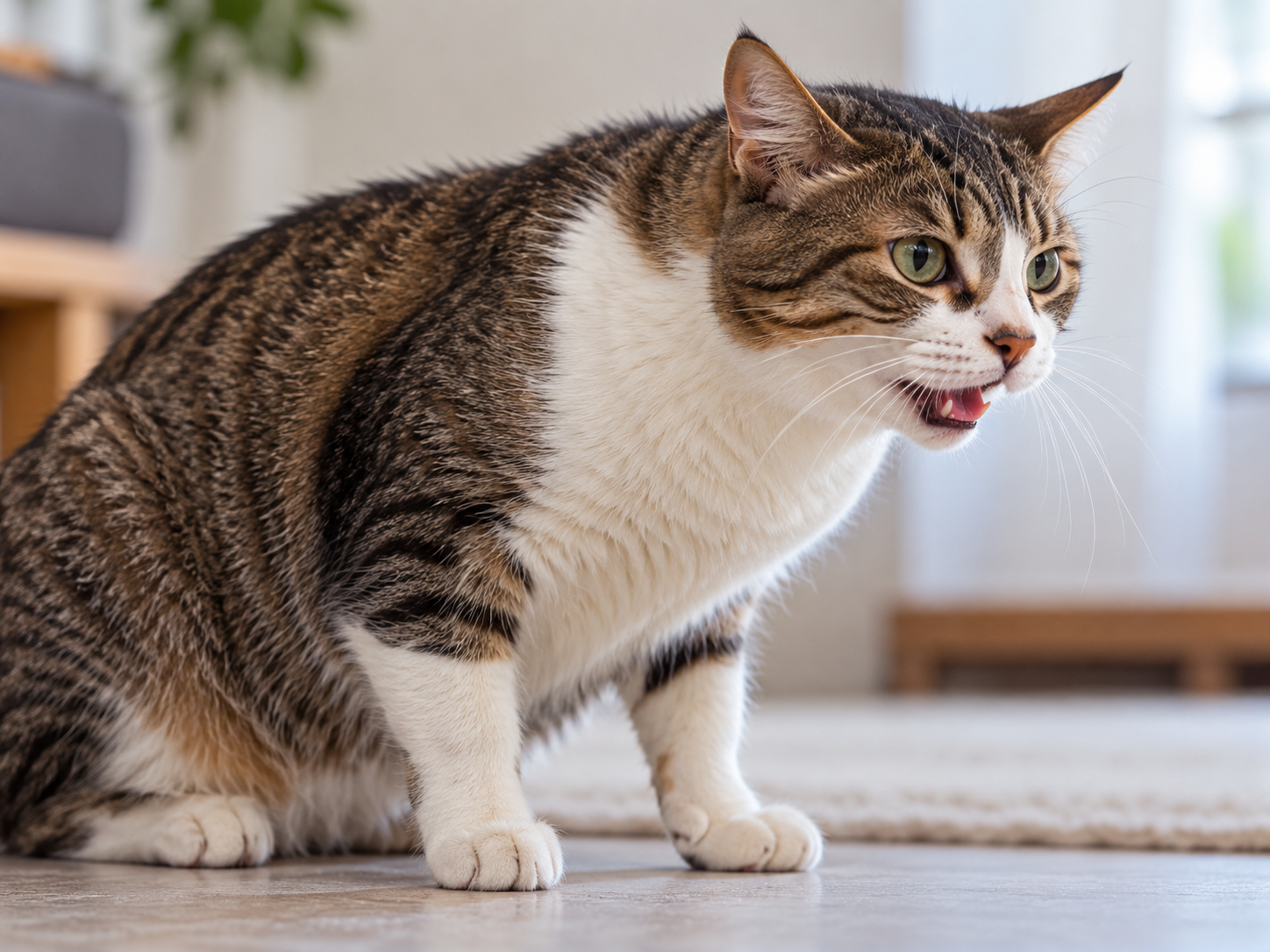 Gato com falta de ar malhado com a boca aberta e postura inclinada para frente, apresentando comportamento compatível com dificuldade respiratória em ambiente doméstico