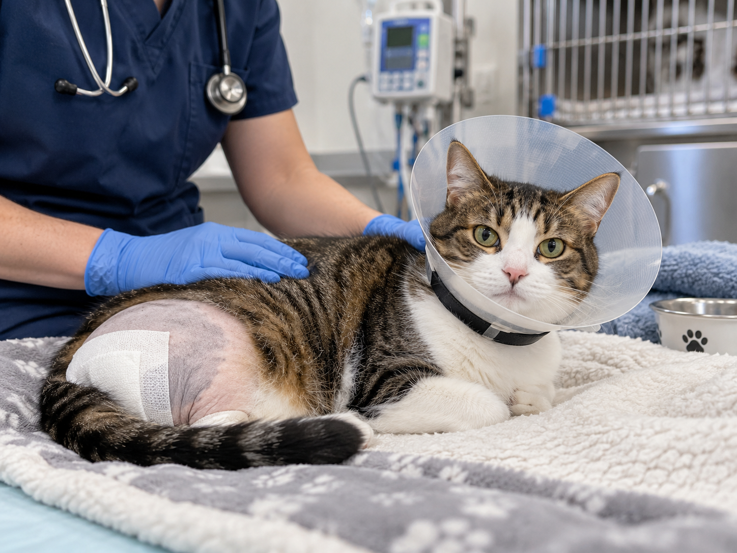 Gato em recuperação cirúrgica com colar elizabetano Gato com colar elizabetano e região corporal com pelos raspados e curativo, recebendo cuidados veterinários durante recuperação após procedimento cirúrgico