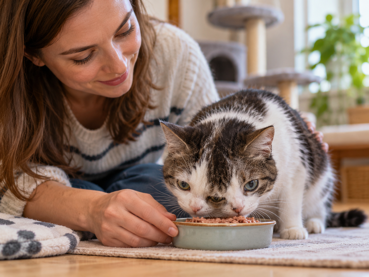 Gato Janus durante alimentação supervisionada Mulher supervisiona a alimentação de gato Janus com duplicação facial e três olhos, enquanto o felino consome alimento úmido em recipiente