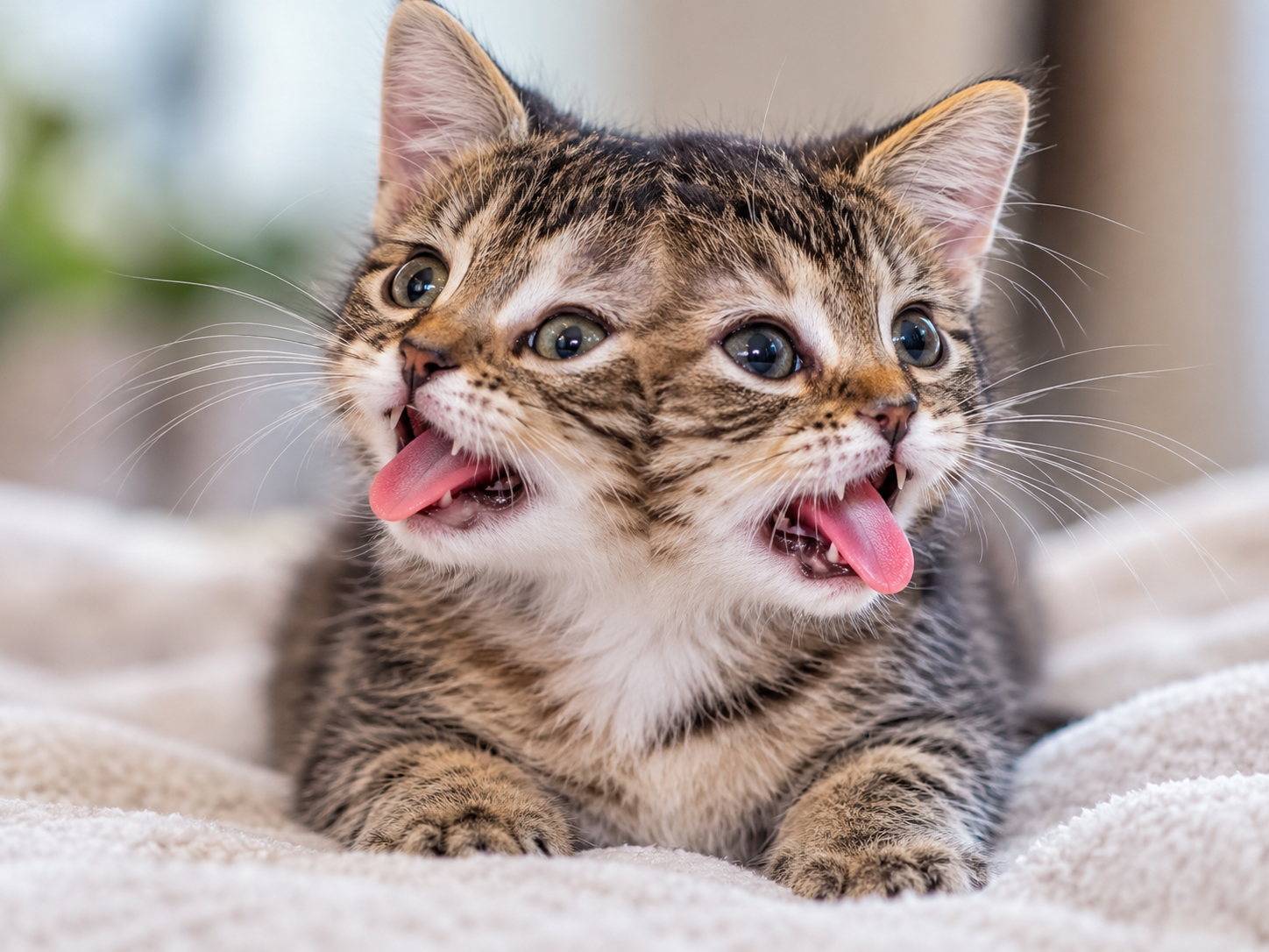 Filhote de gato Janus com duplicação facial, duas cavidades orais abertas, línguas visíveis e quatro olhos, características anatômicas da diprosopia felina