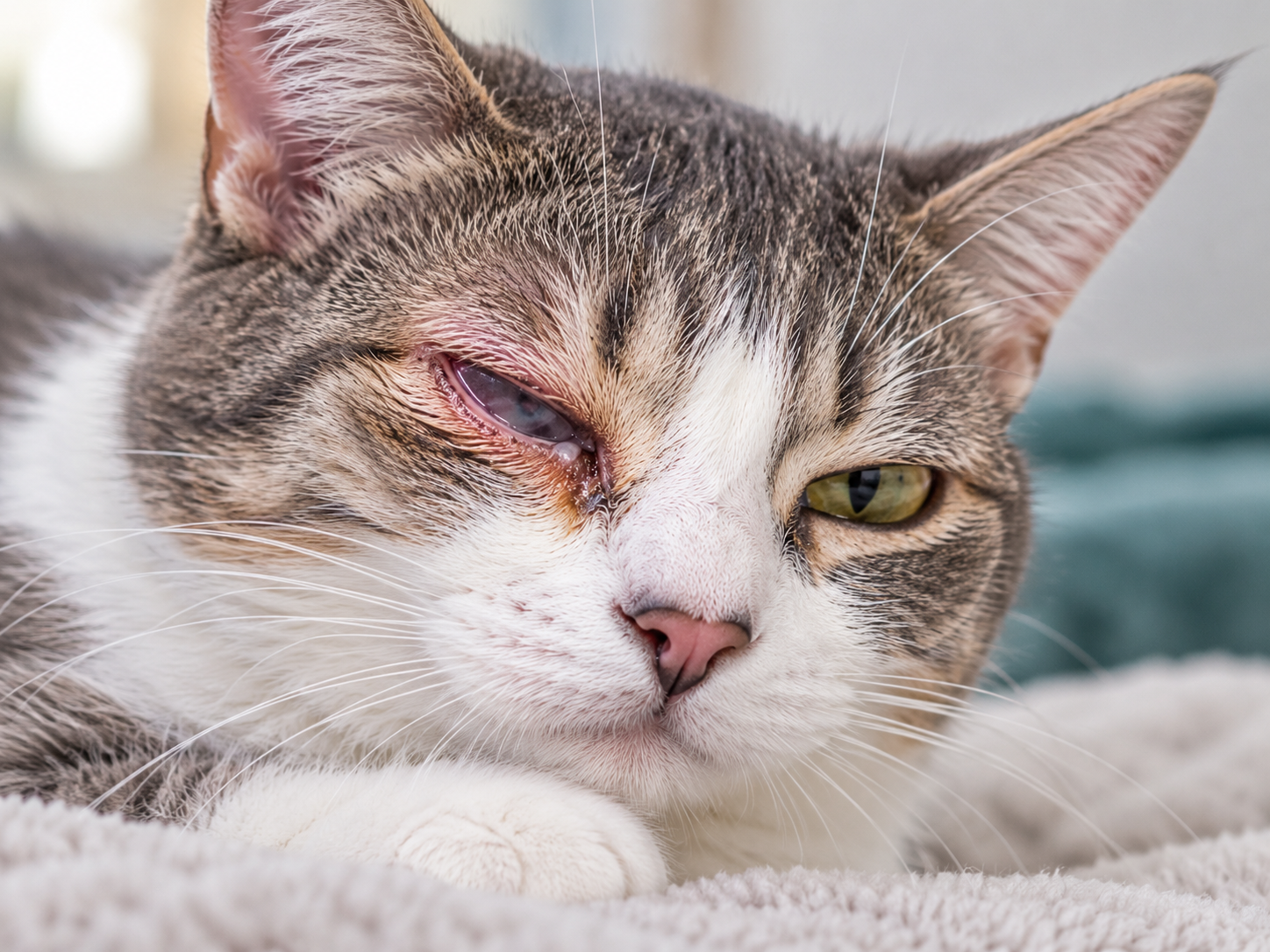 Gato tigrado deitado com um dos olhos semicerrado, apresentando vermelhidão, lacrimejamento e dificuldade para abrir as pálpebras devido ao desconforto ocular