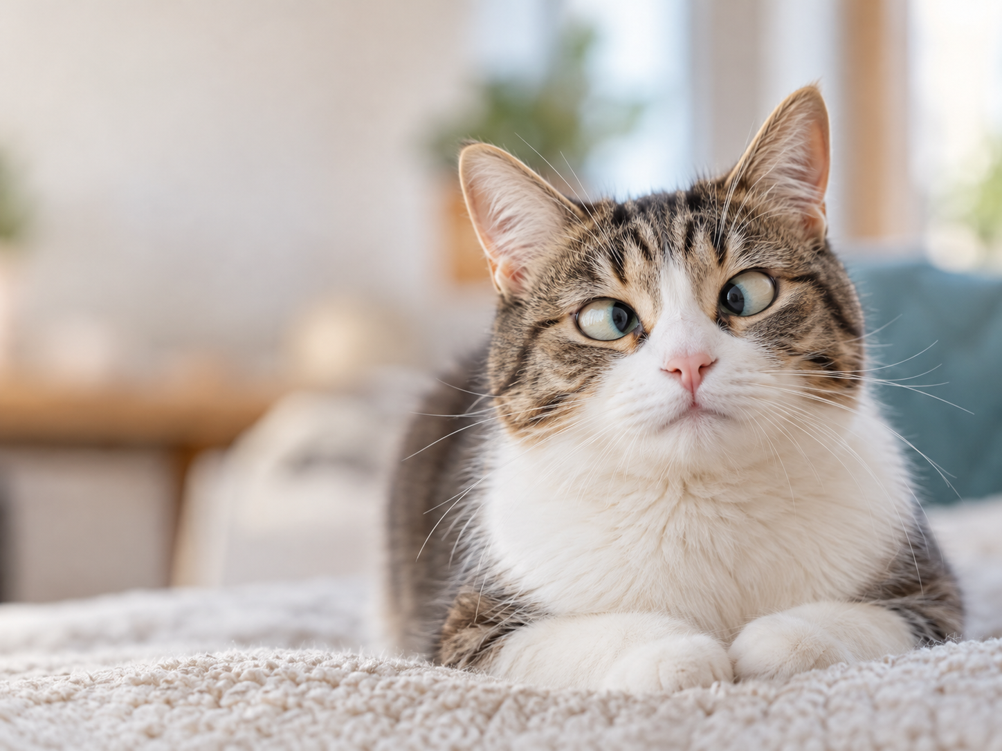 Gato vesgo de pelagem branca e tigrada, deitado sobre uma manta clara, apresentando desvio ocular evidente enquanto olha para a câmera