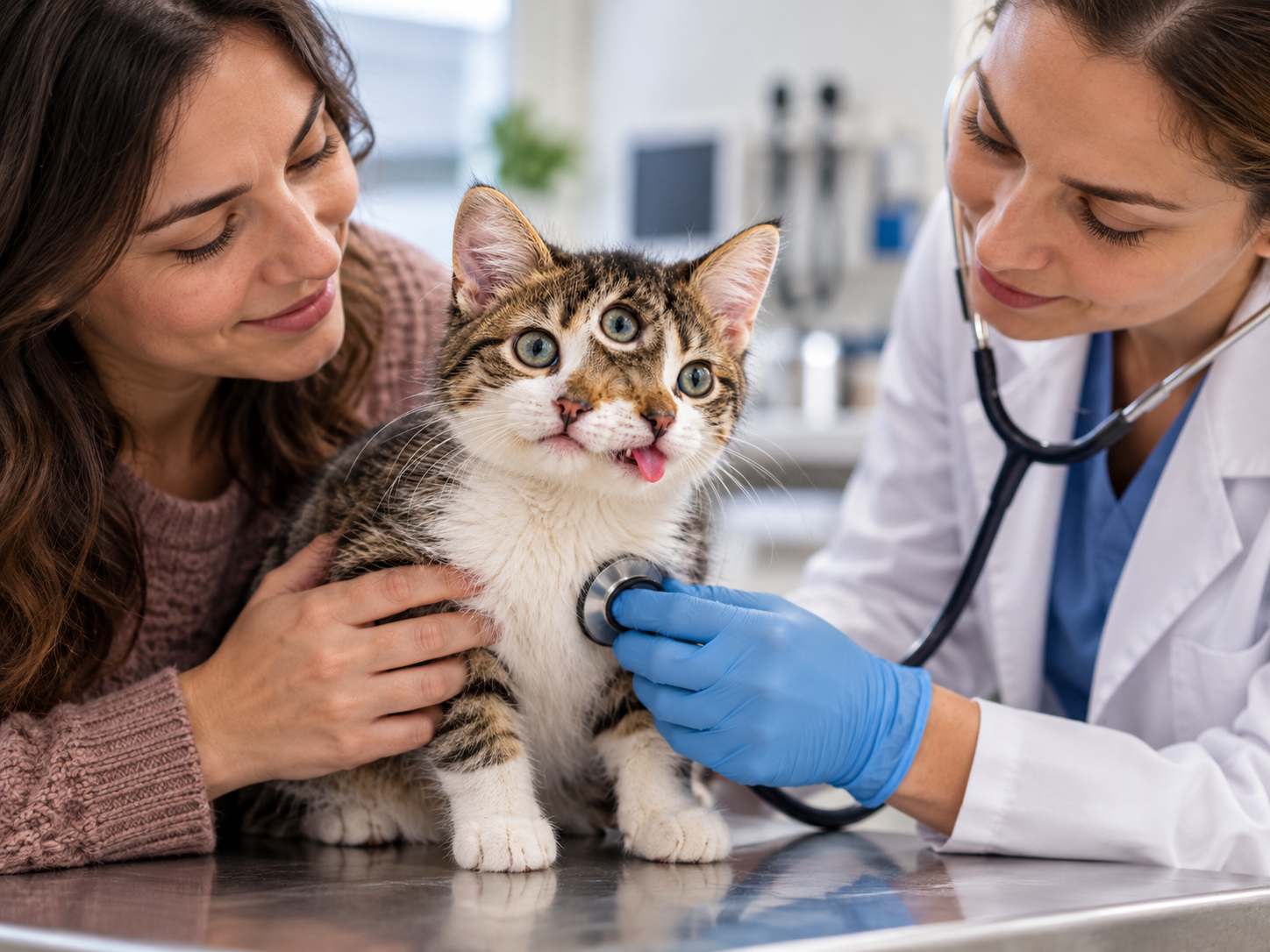 Avaliação veterinária de gato Janus com três olhos Mulher acompanha seu gato Janus com três olhos e duplicação facial durante avaliação clínica realizada por médica veterinária com estetoscópio