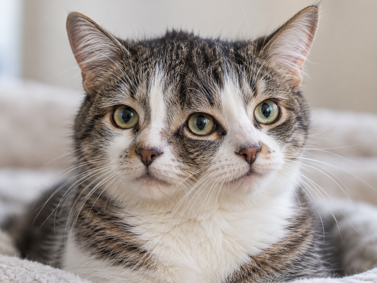 Gatos Janus de pelagem cinza e branca com três olhos, dois focinhos e duplicação facial característica da condição congênita chamada diprosopia