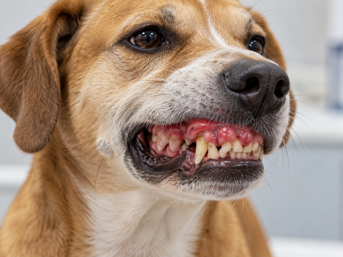 Cachorro com hiperplasia gengival em cães, apresentando crescimento excessivo do tecido gengival, gengivas avermelhadas e dentes parcialmente recobertos pelo aumento da gengiva.