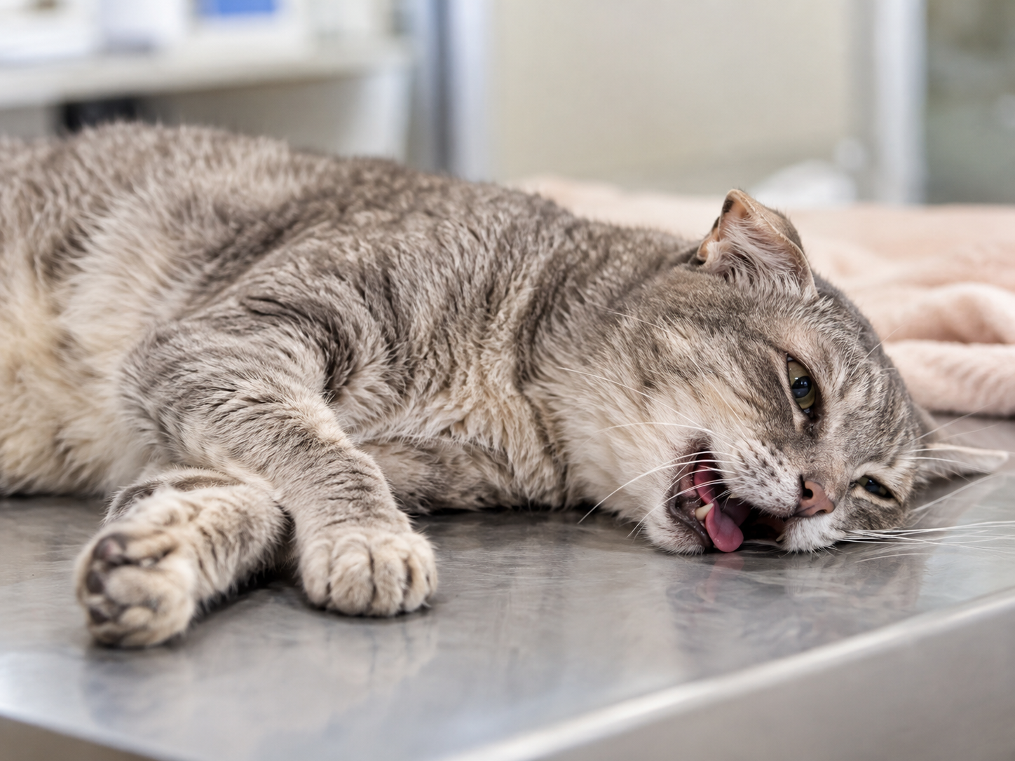 Gata cinza deitada de lado sobre mesa veterinária, com boca aberta e expressão debilitada, representando possível comprometimento cardiovascular associado ao infarto em gatos