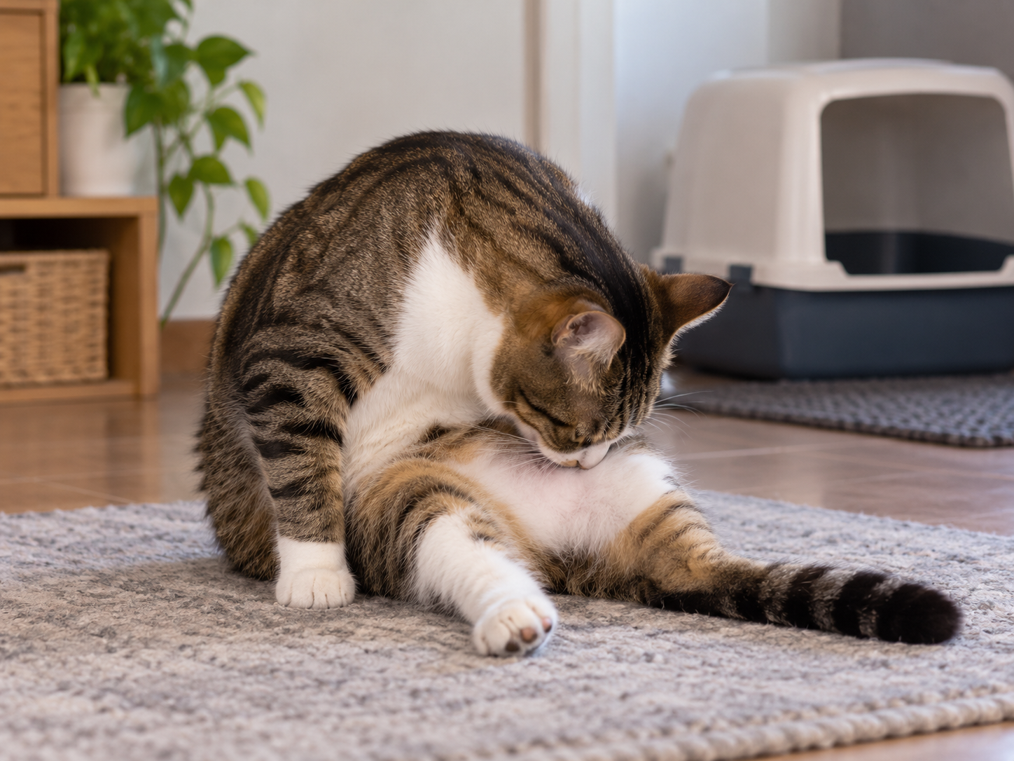 Gato lambendo a região genital por possível desconforto urinário Gato malhado lambendo a região genital enquanto está sentado no tapete, comportamento que pode indicar desconforto associado a problemas urinários em felinos