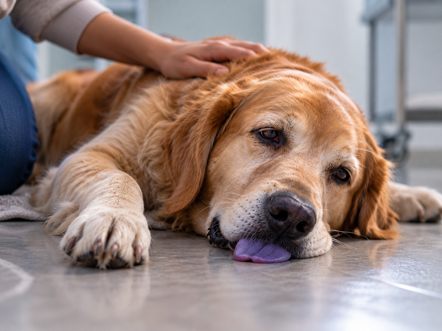 Cachorro deitado com a língua roxa e boca aberta, apresentando aparente dificuldade respiratória, com destaque ampliado para a coloração arroxeada da língua