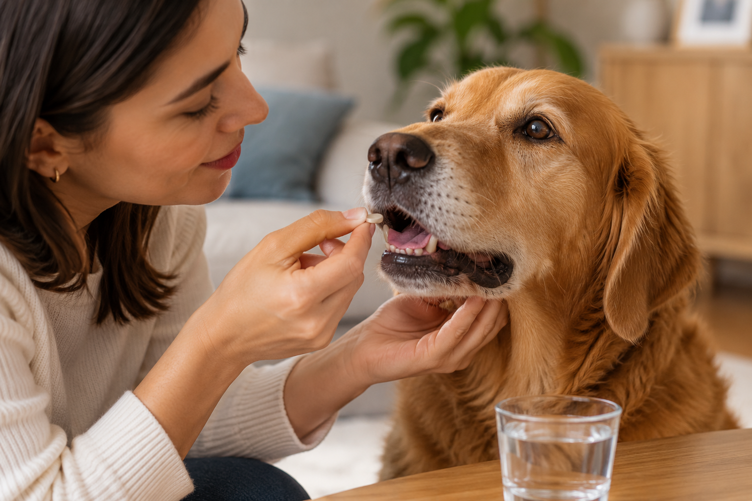 Tutora administrando medicação ao cachorro Tutora oferece comprimido a um cachorro golden retriever em ambiente doméstico, representando a administração de medicamentos prescritos para controle da hipertensão arterial canina