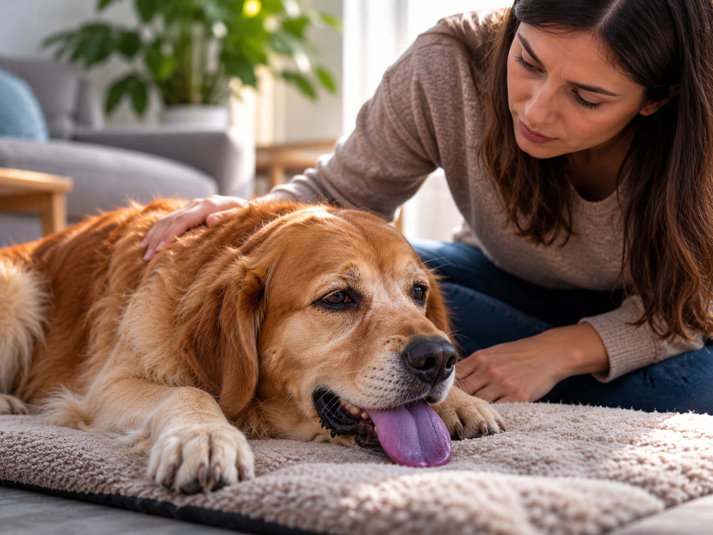 Mulher observa atentamente a respiração de cachorro com língua arroxeada durante o repouso, mantendo contato próximo para acompanhar possíveis mudanças respiratórias
