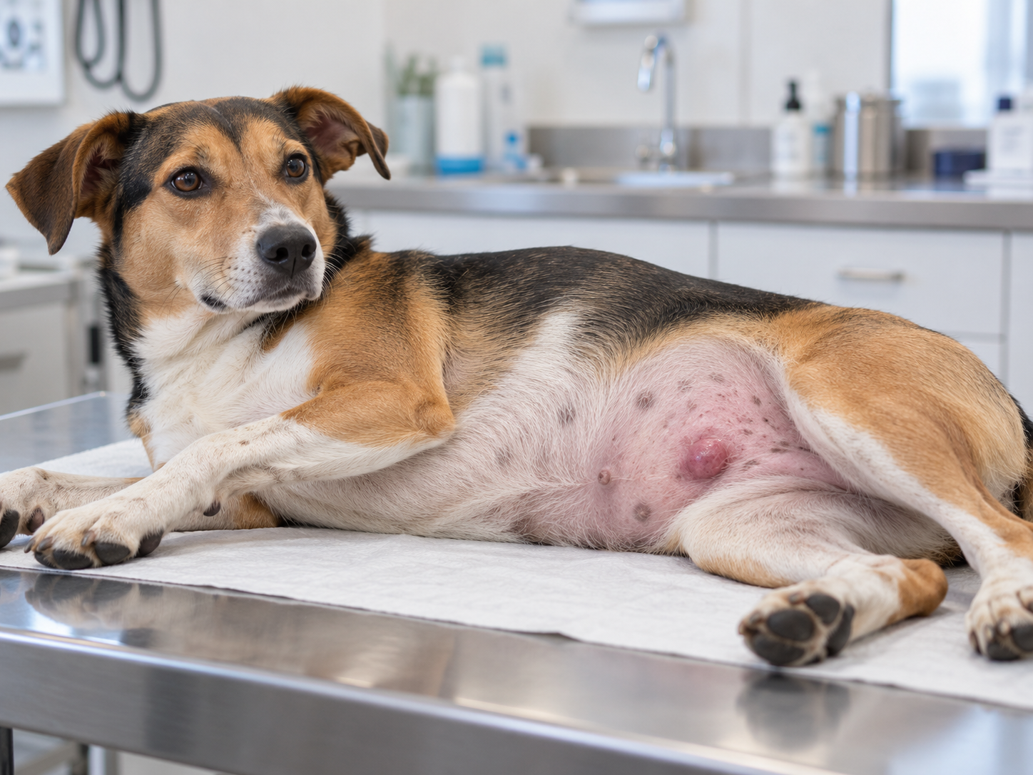 Cachorro de pelagem preta e marrom deitado sobre mesa veterinária, apresentando nódulo elevado e avermelhado na barriga, sugestivo de plasmocitoma em cães
