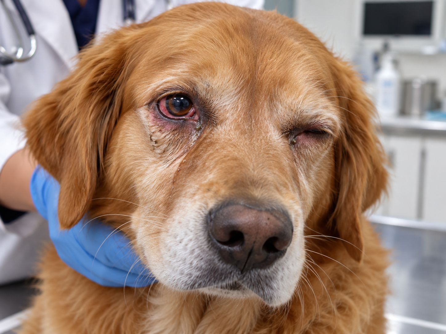 Cachorro com conjuntiva vermelha e desconforto ocular Cão com vermelhidão da conjuntiva em um olho e dificuldade para manter o outro aberto, manifestações compatíveis com ceratoconjuntivite seca canina