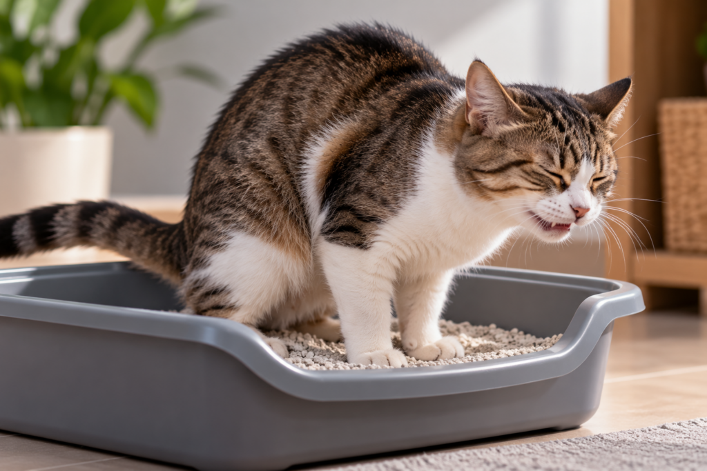 Gato macho na caixa de areia demonstrando dor e esforço para urinar, sinais de obstrução urinária que podem anteceder a penectomia em gatos