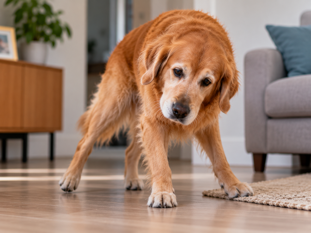 Golden retriever idoso com patas afastadas, cabeça inclinada e postura instável dentro de casa, ilustrando possível manifestação da pressão alta em cães