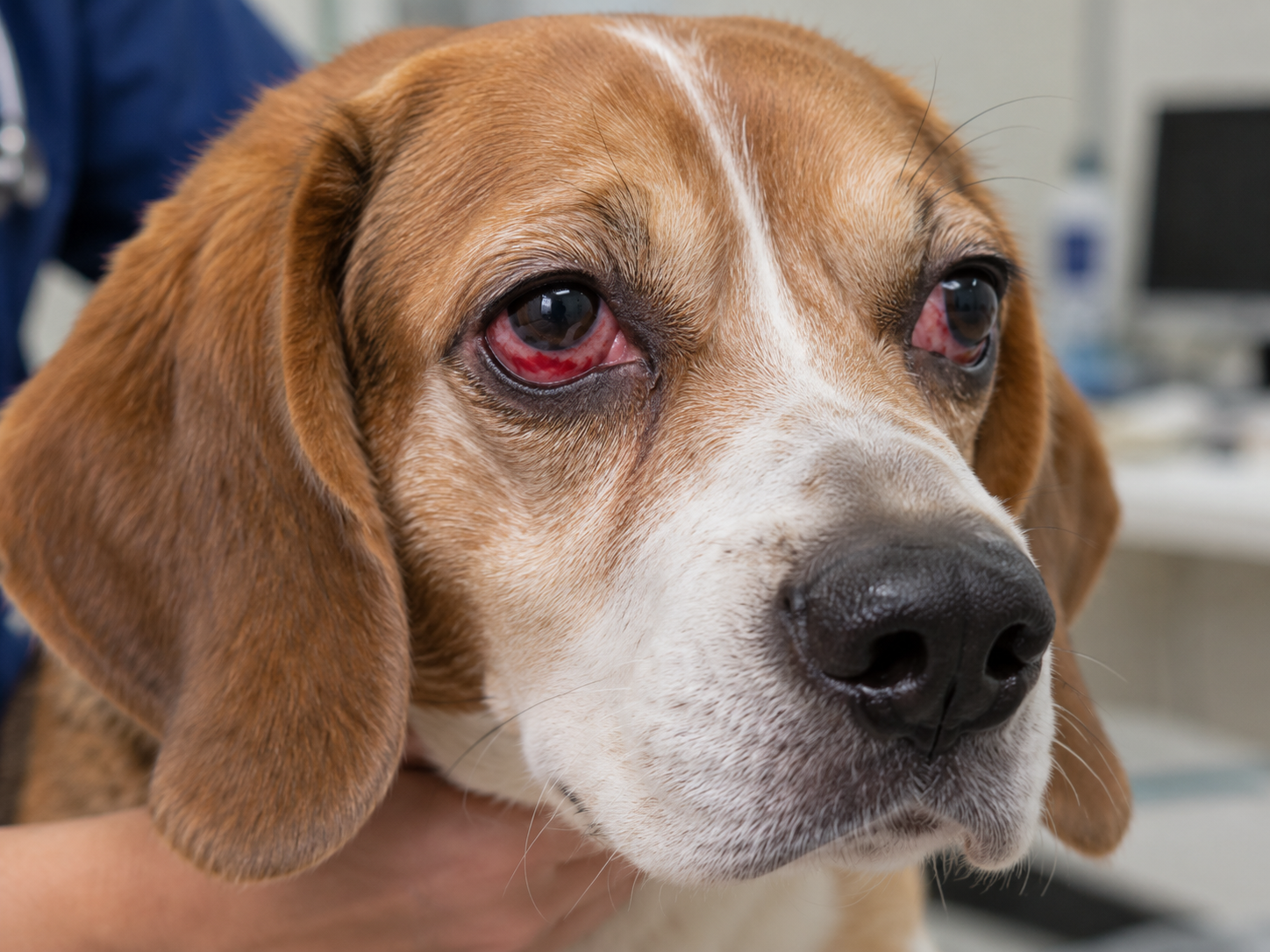 Cachorro com vermelhidão intensa nos olhos Cachorro da raça beagle apresenta vermelhidão intensa e áreas com sangue visível nos olhos, alteração ocular que pode ocorrer em cães hipertensos