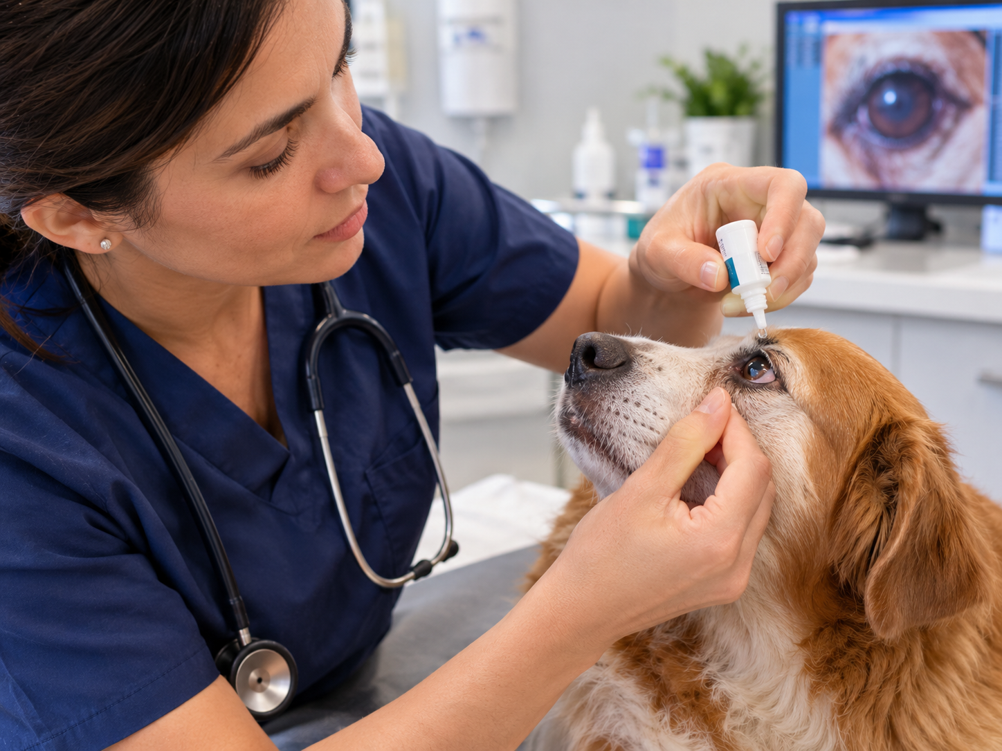 Aplicação de colírio em cachorro com olho seco Médica veterinária aplica colírio no olho de um cachorro, procedimento utilizado no tratamento da ceratoconjuntivite seca em cães para proteção ocular
