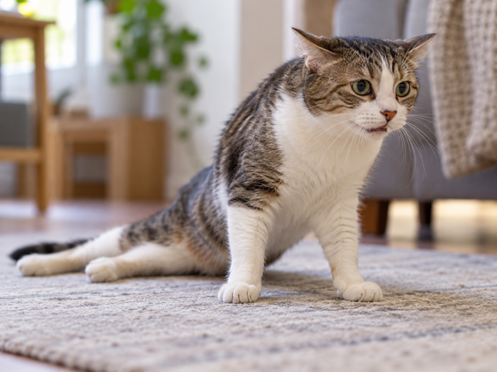 Gato tigrado com as patas traseiras estendidas e dificuldade aparente de locomoção, postura compatível com manifestações do tromboembolismo aórtico felino