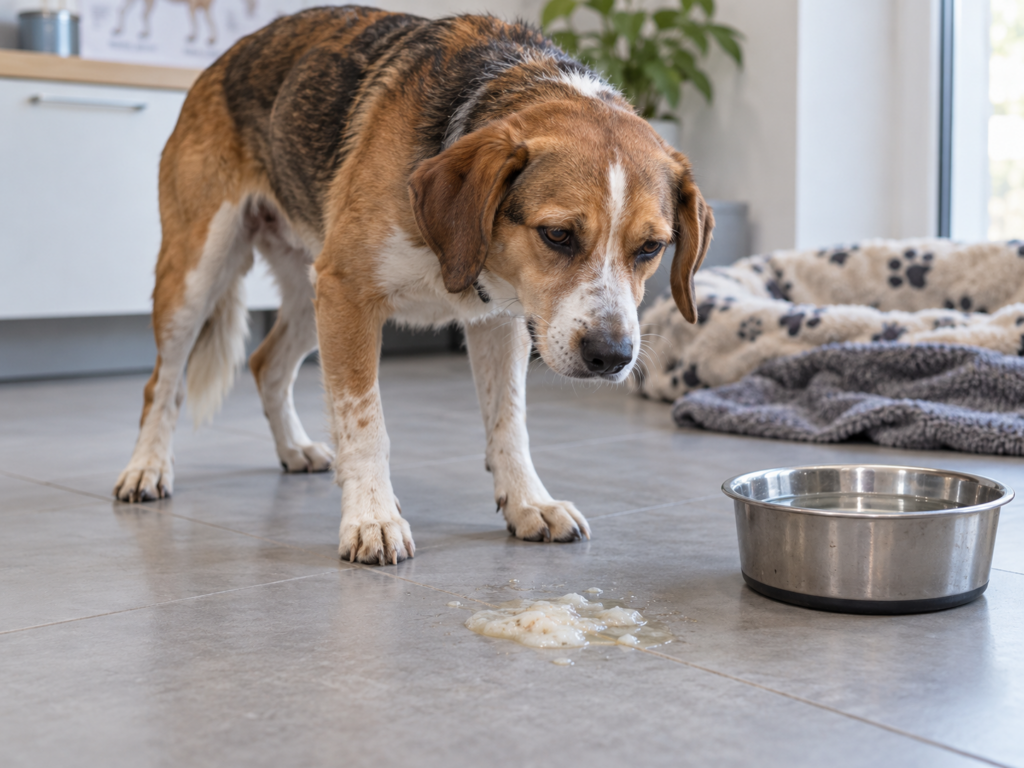 Cachorro com aparência debilitada próximo a uma tigela de água e uma poça de vômito no chão, representando sintomas gastrointestinais de virose em cachorro