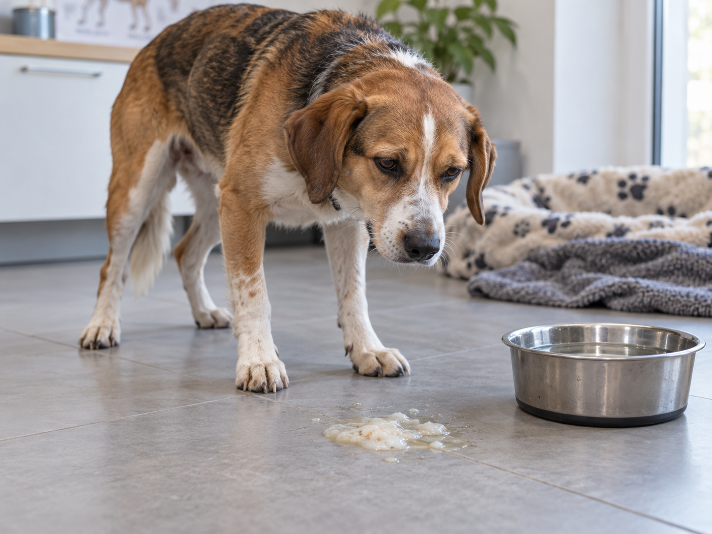 Cachorro com aparência debilitada próximo a uma tigela de água e uma poça de vômito no chão, representando sintomas gastrointestinais de virose em cachorro